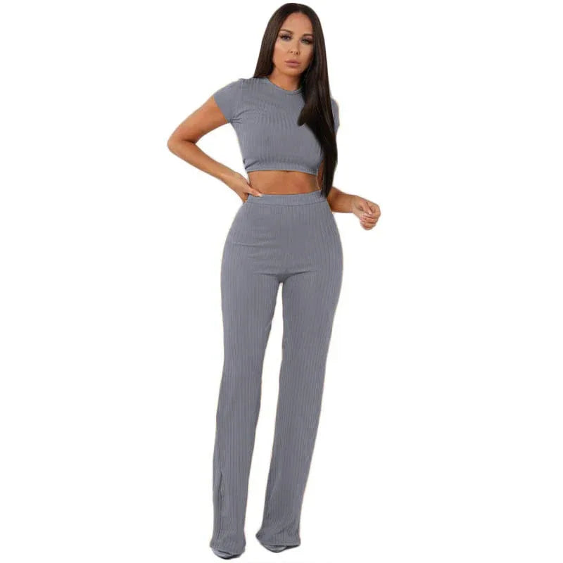 Women knitted long sleeve o-neck crop top wide leg pants 2 piece set for female women tops pants two pieces sets women's suits - Shello's Creative Boutique