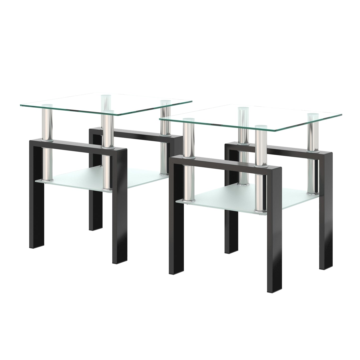 Set of 2, Modern Tempered Glass Tea Table Coffee Table End Table, Square Table for Living Room, Transparent/Black eprolo