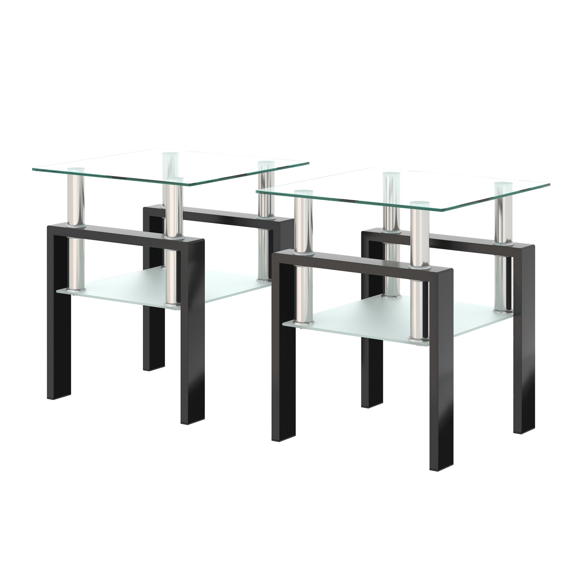 Set of 2, Modern Tempered Glass Tea Table Coffee Table End Table, Square Table for Living Room, Transparent/Black eprolo