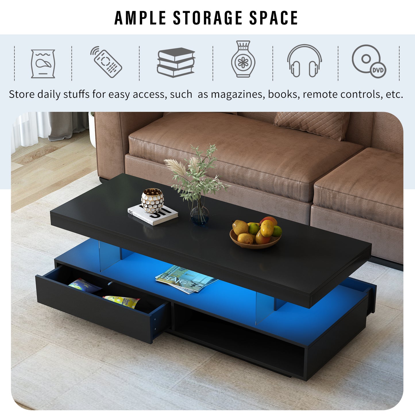 U-Can LED coffee table with storage space, modern central table with 2 drawers and display rack, equipped with LED lights, black eprolo