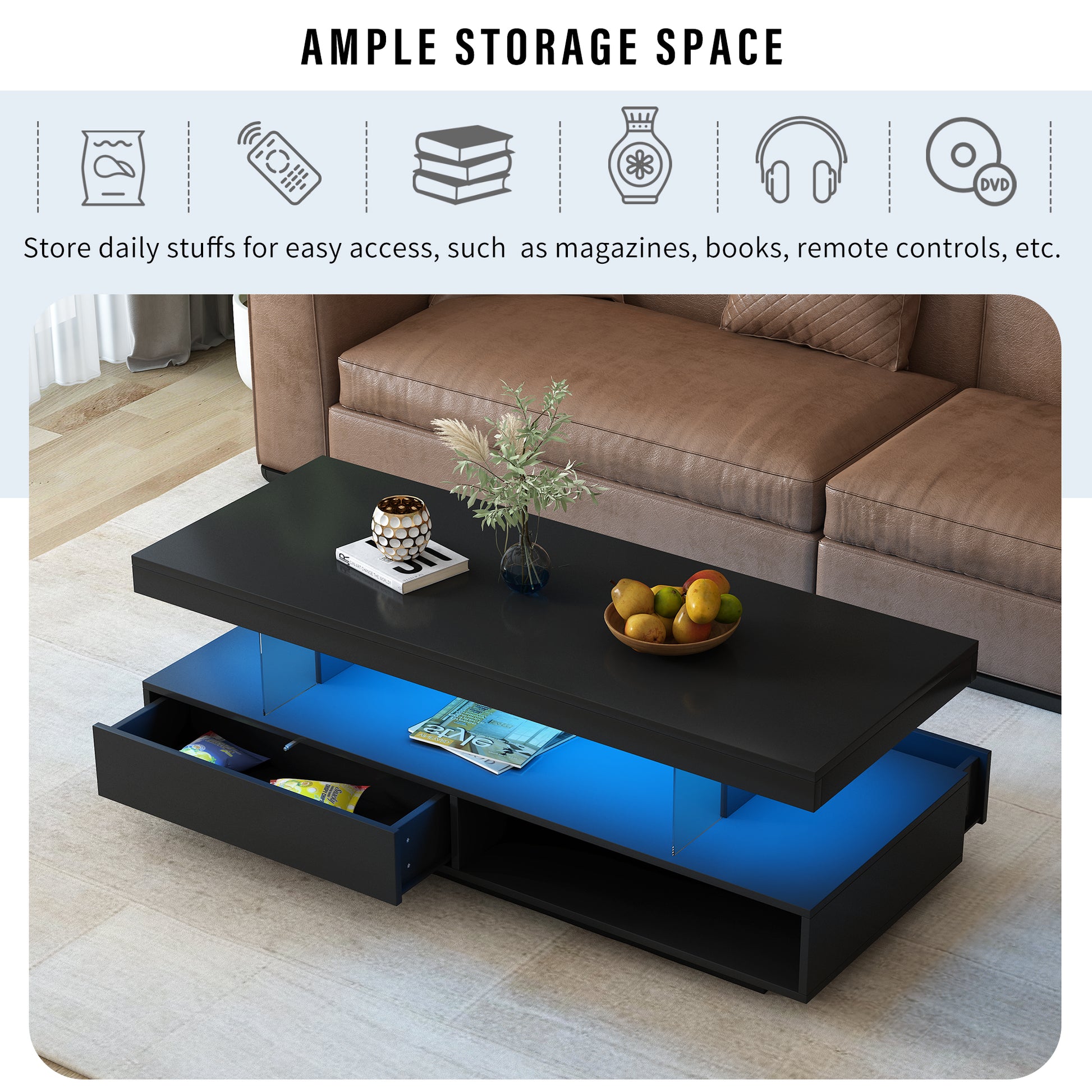 U-Can LED coffee table with storage space, modern central table with 2 drawers and display rack, equipped with LED lights, black eprolo