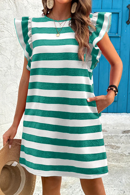 Green Stripe Flutter Sleeve Round Neck Shift Mini Dress - Shello's Creative Boutique