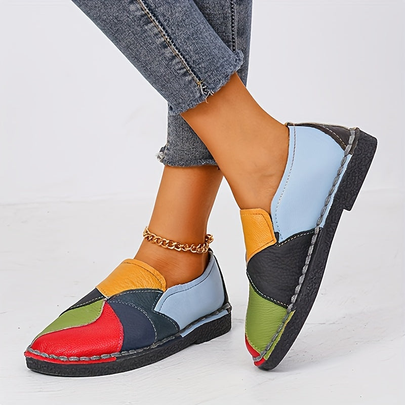 Women's Colorblock Flat Loafers, Fashion Round Toe Soft Sole Slip On Faux Leather Shoes, Casual Walking Anti-skid Shoes Shello's Creative Boutique
