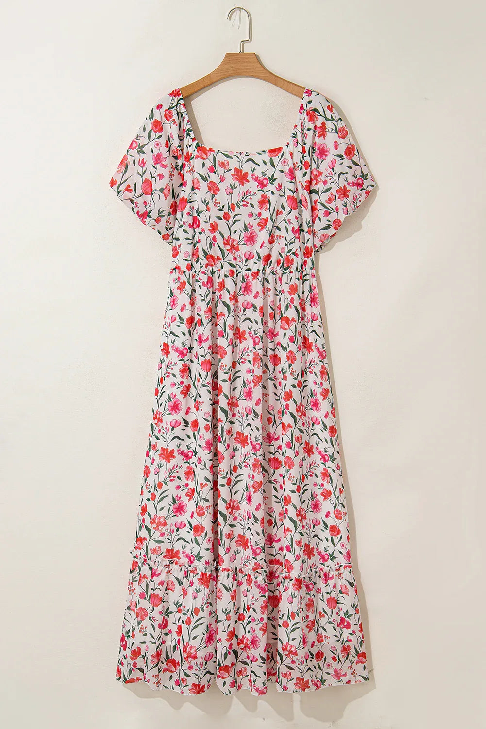 Pink Floral Maxi Dress - Plus Size Square Neck Puff Sleeve Ruffle Dress for Summer - Shello's Creative Boutique