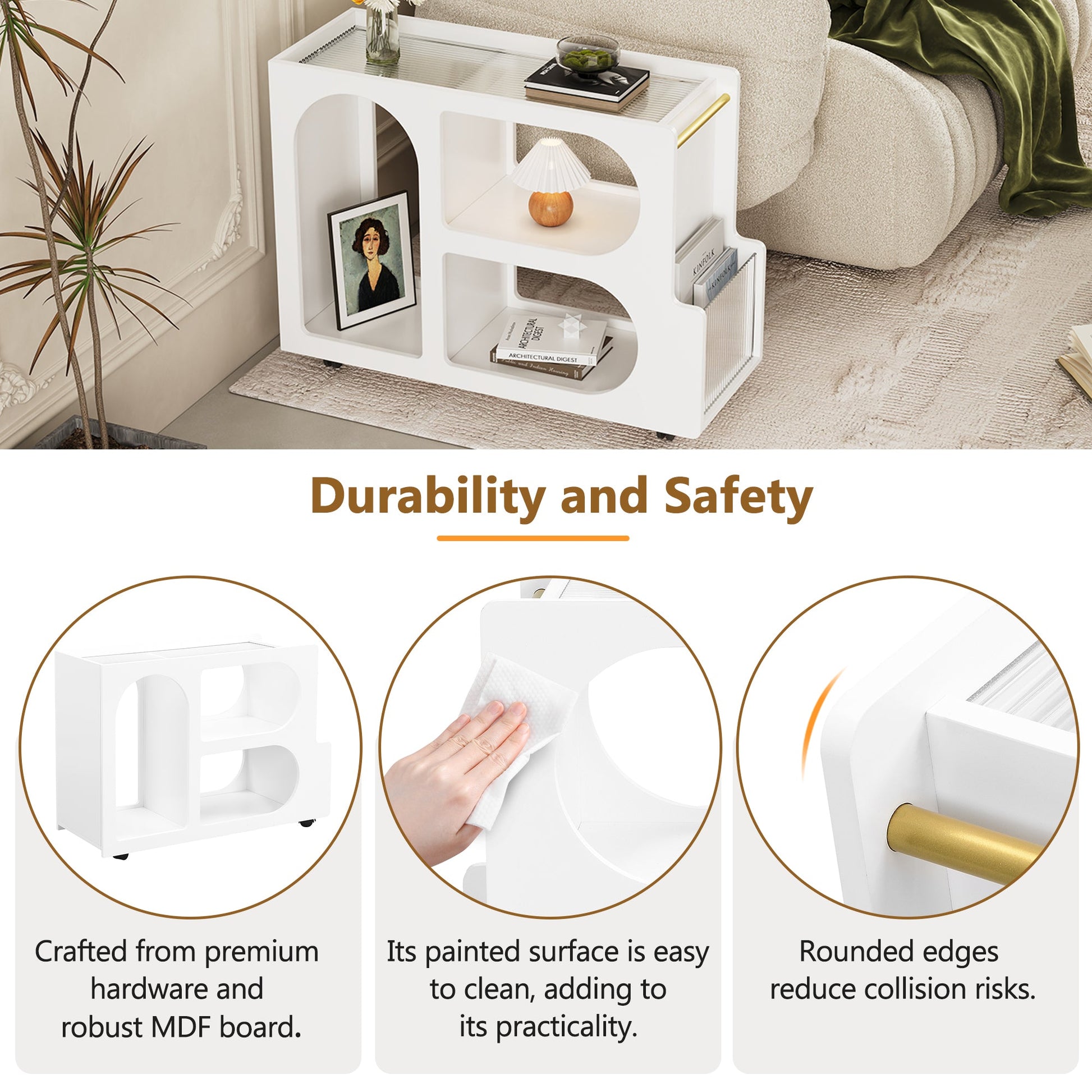 Stylish mobile desk with lockable wheels, white bedside table with 5mm thick grooved tempered glass and gold round bars eprolo