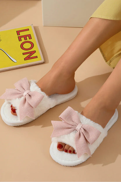 White Bowknot Fluffy Slippers - Cosy Home Slippers for Women - Shello's Creative Boutique