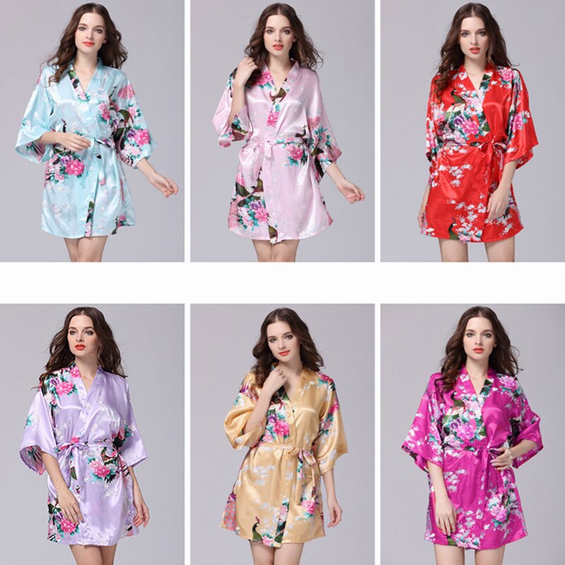 Women Faux Silk Robe Satin Wedding Bride Robe Large Size Sexy Floral Bathrobe Short Nightwear Women Pajamas Kimono eprolo