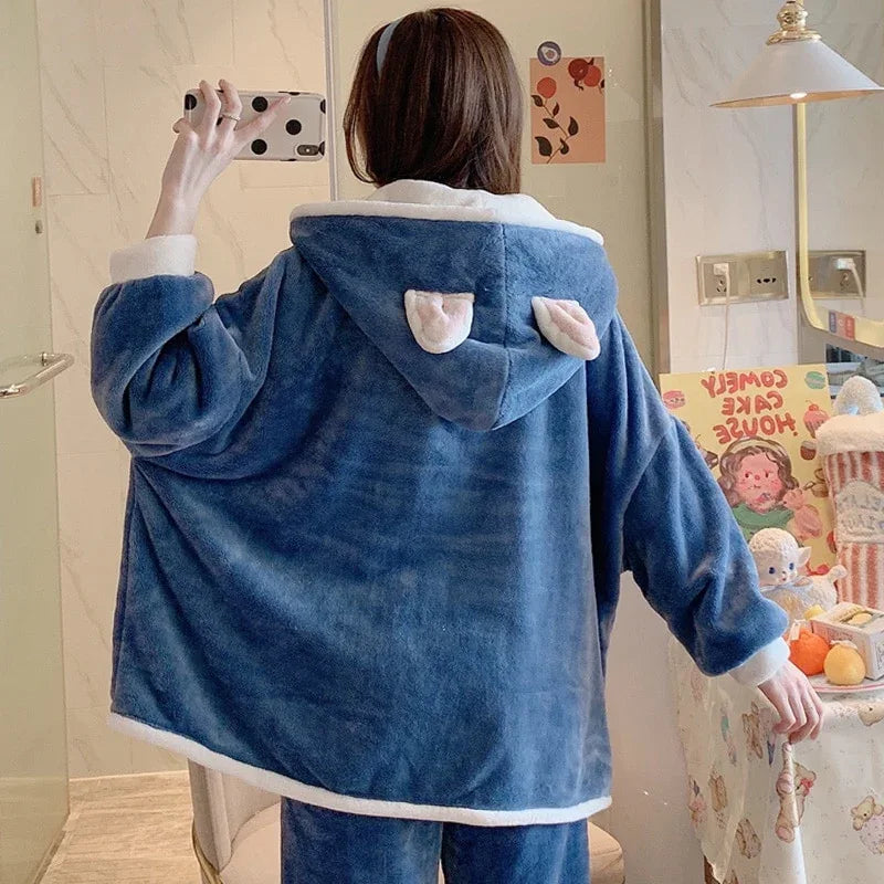 Winter Pajamas Women Sleepwear Plus Size XXXL Flannel Pyjamas Fashion Home Wear Cartoon Hooded Nightgown Coral Velvet Cardigan - Shello's Creative Boutique