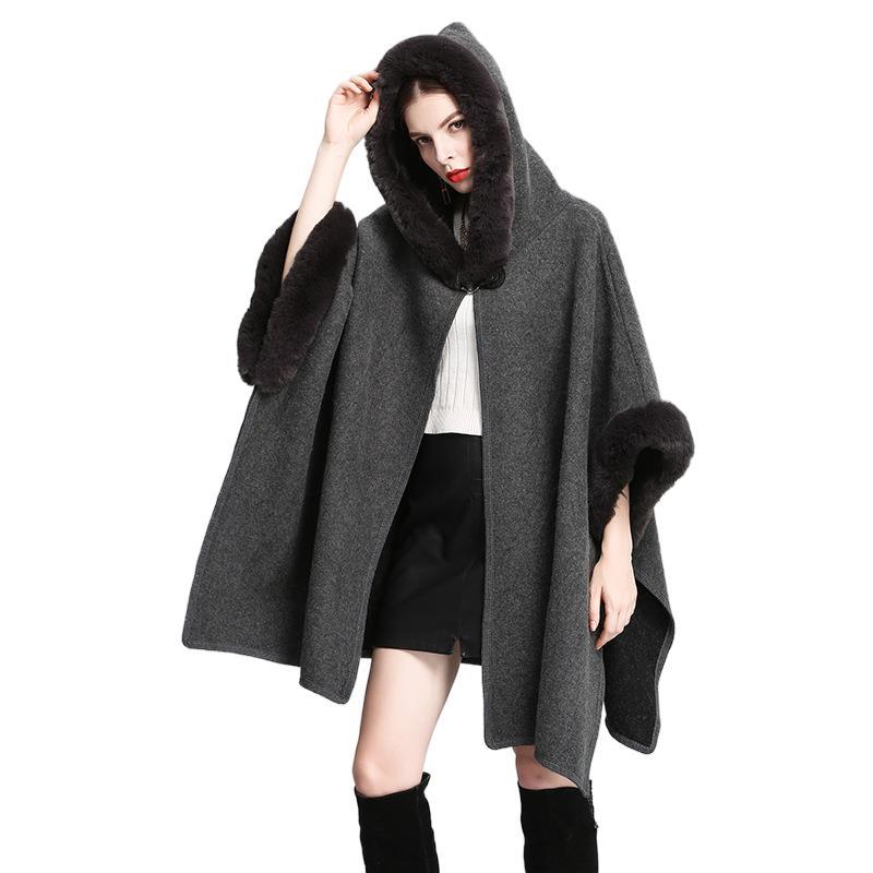 Imitation otter rabbit fur collar hooded shawl cape plus size woolen coat loose cardigan for women eprolo
