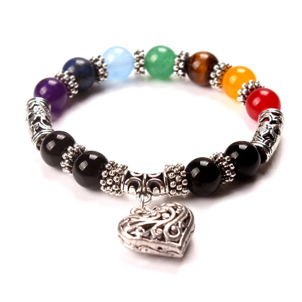 Men Women 7 Chakra Bracelets Bangles Colors Mixed Healing Crystals Stone Chakra Pray Mala Heart Charm Bracelet Jewelry - Shello's Creative Boutique