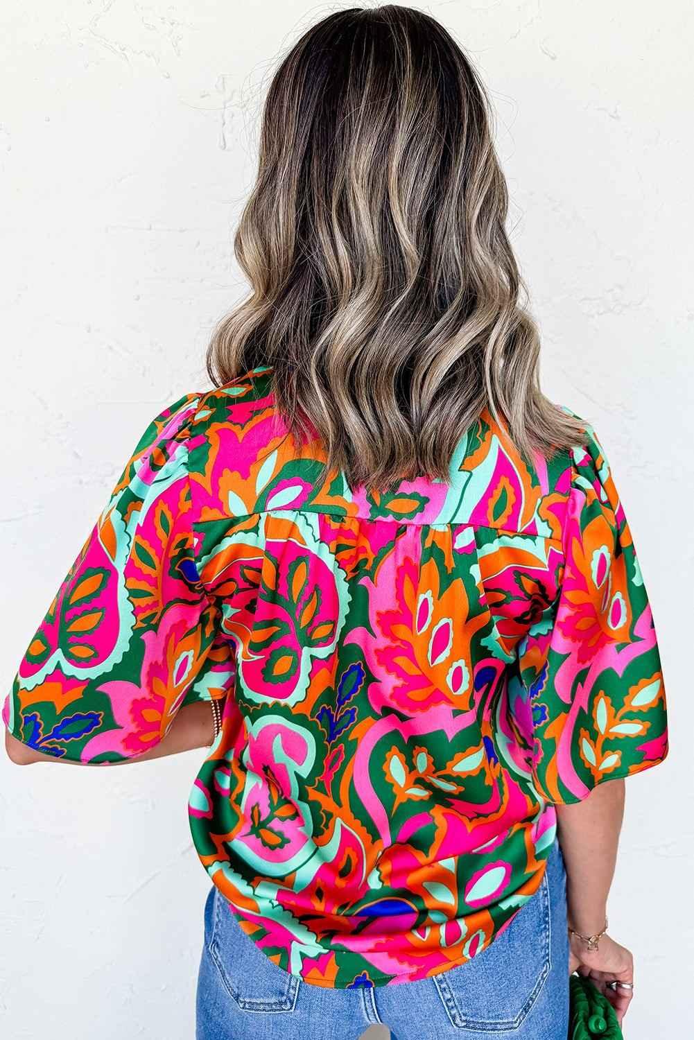 Rose Tropical Plant Print Frill V Neck Blouse - Feminine & Vibrant - Shello's Creative Boutique