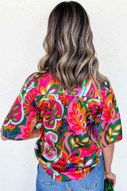 Rose Tropical Plant Print Frill V Neck Blouse - Feminine & Vibrant - Shello's Creative Boutique