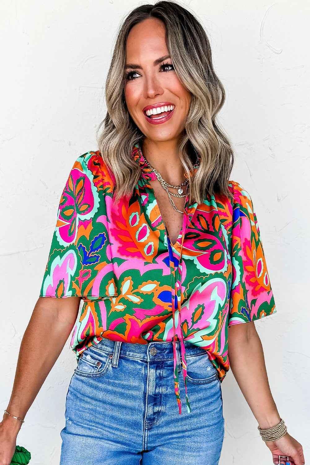 Rose Tropical Plant Print Frill V Neck Blouse - Feminine & Vibrant - Shello's Creative Boutique