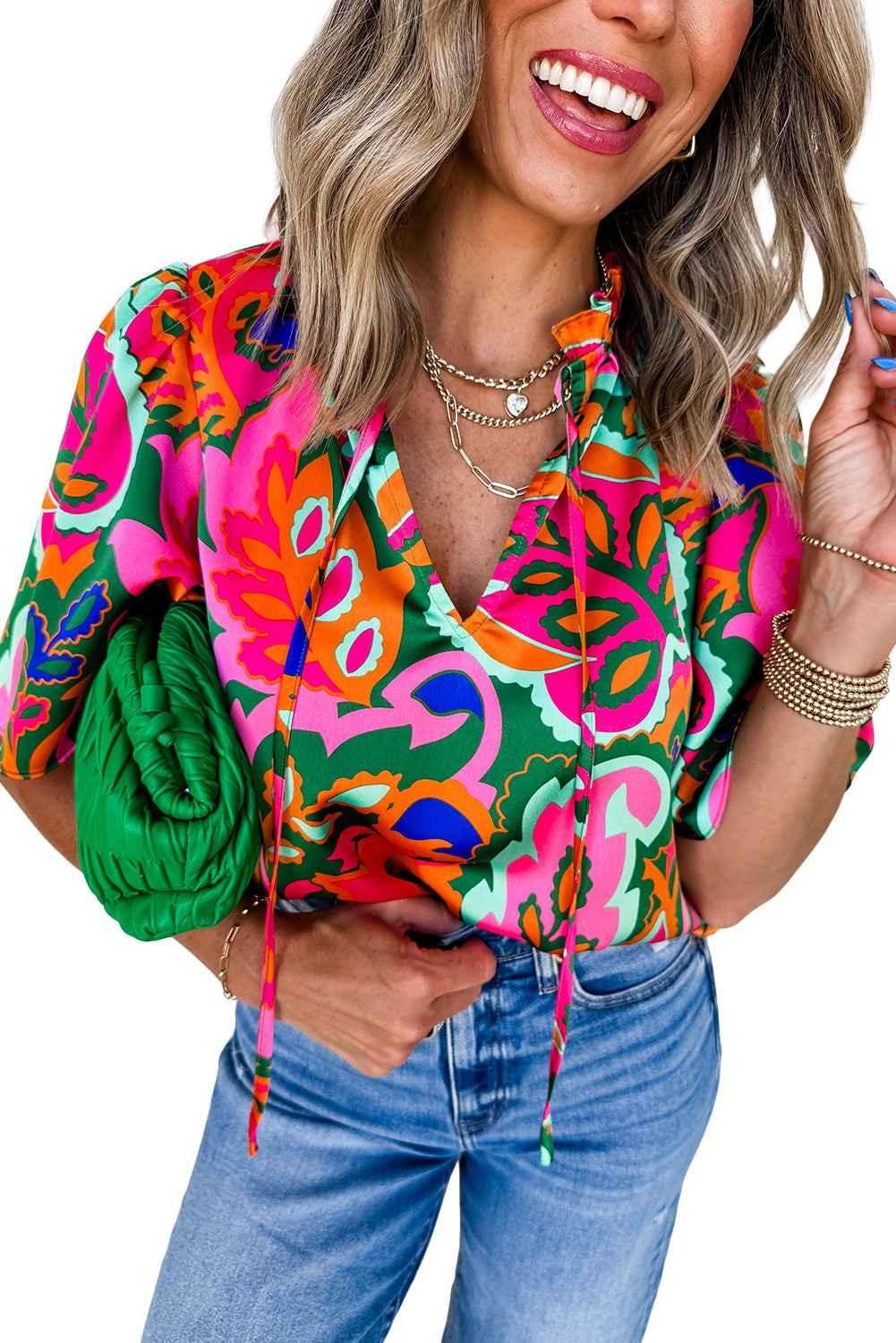Rose Tropical Plant Print Frill V Neck Blouse - Feminine & Vibrant - Shello's Creative Boutique