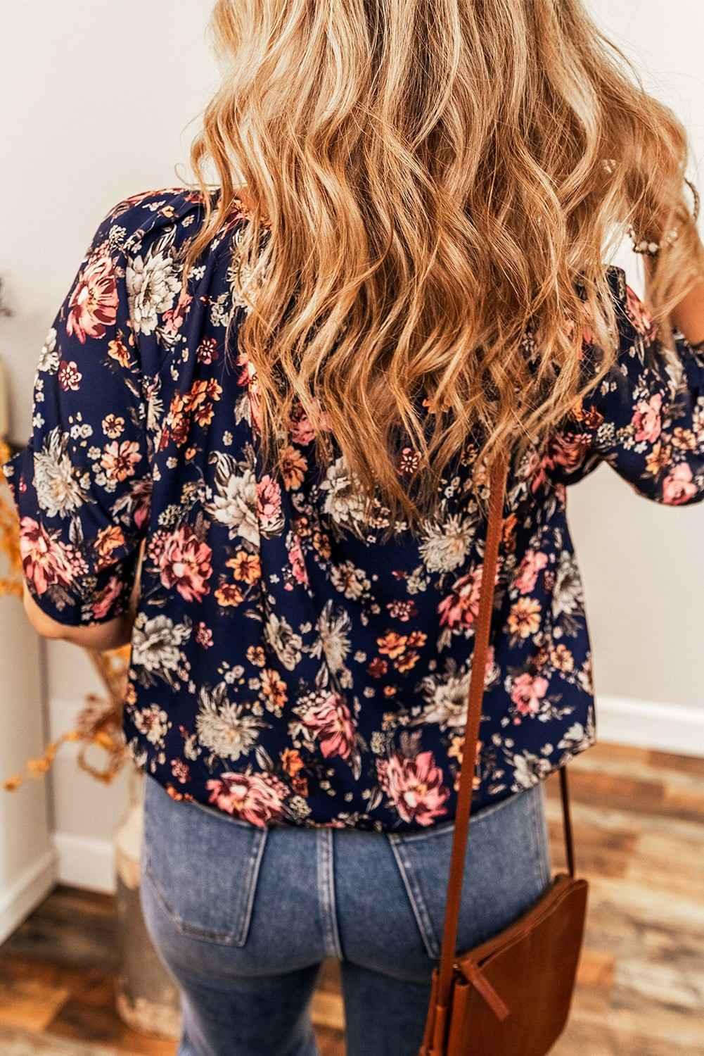 Blue Floral Print Flounce Sleeve Boho Blouse - Feminine & Breezy - Shello's Creative Boutique