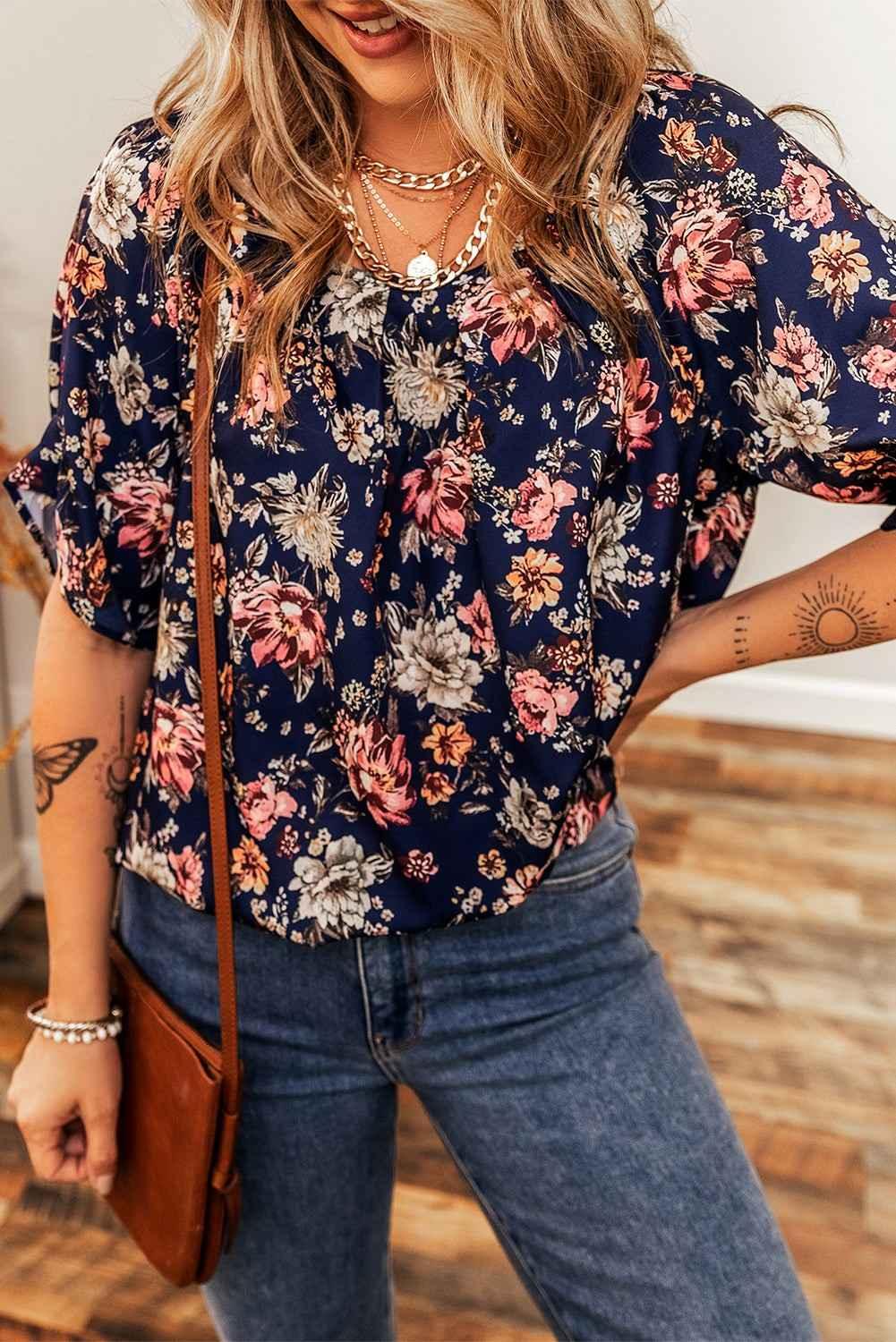 Blue Floral Print Flounce Sleeve Boho Blouse - Feminine & Breezy - Shello's Creative Boutique