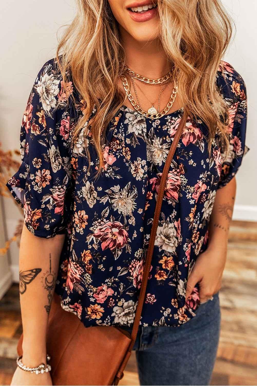 Blue Floral Print Flounce Sleeve Boho Blouse - Feminine & Breezy - Shello's Creative Boutique