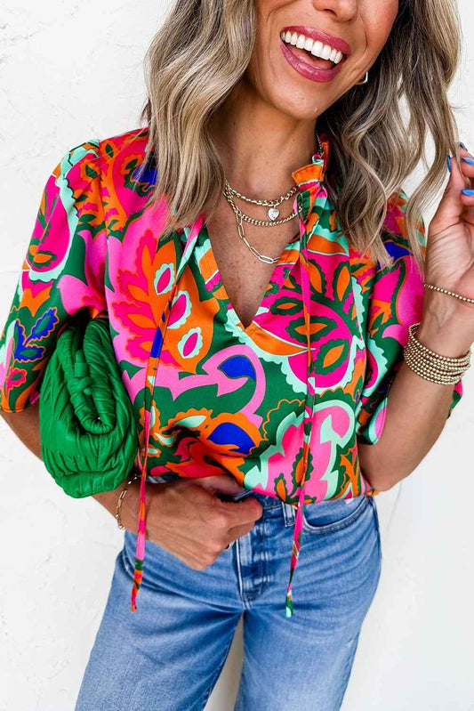 Rose Tropical Plant Print Frill V Neck Blouse - Feminine & Vibrant - Shello's Creative Boutique