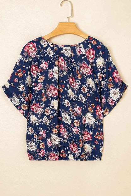 Blue Floral Print Flounce Sleeve Boho Blouse - Feminine & Breezy - Shello's Creative Boutique