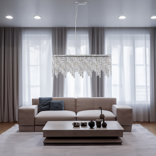 Silver elegant oval crystal pendant light, modern ceiling fixture with reflective suspended crystal (bulb not included) eprolo