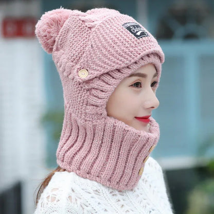 Knitted Ear Protection Hat New Wool Plush Hat Windproof Warm Hat Mask Neck Scarf Integrated Hat - Shello's Creative Boutique