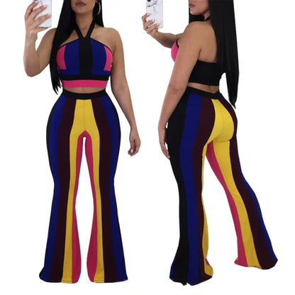 Sexy Rainbow Wide Leg Pants Set Sling Short Top Two Piece Set Summer Clothes Women's Suit - Shello's Creative Boutique