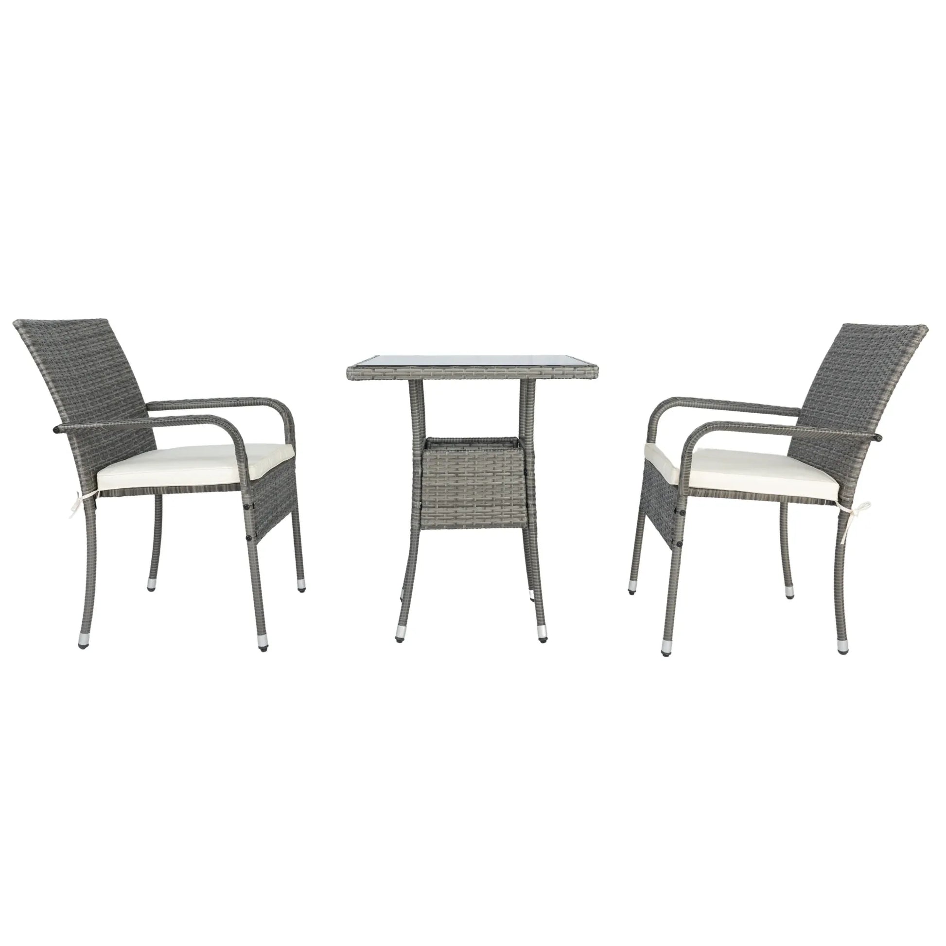 3 Piece Patio Wicker Conversation Set Grey Wicker + white Cushion - Shello's Creative Boutique