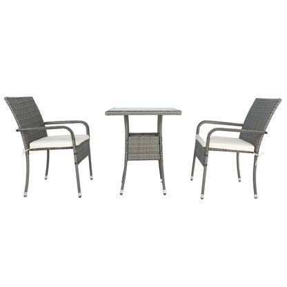 3 Piece Patio Wicker Conversation Set Grey Wicker + white Cushion - Shello's Creative Boutique