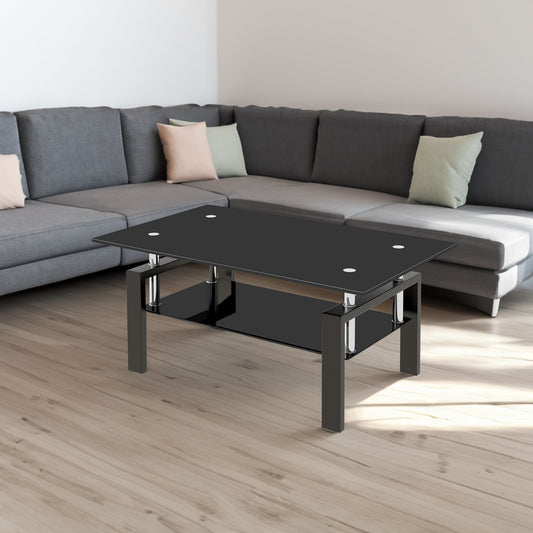 Black Tempered Glass Coffee Table, 2 Layer Storage Tea Table eprolo