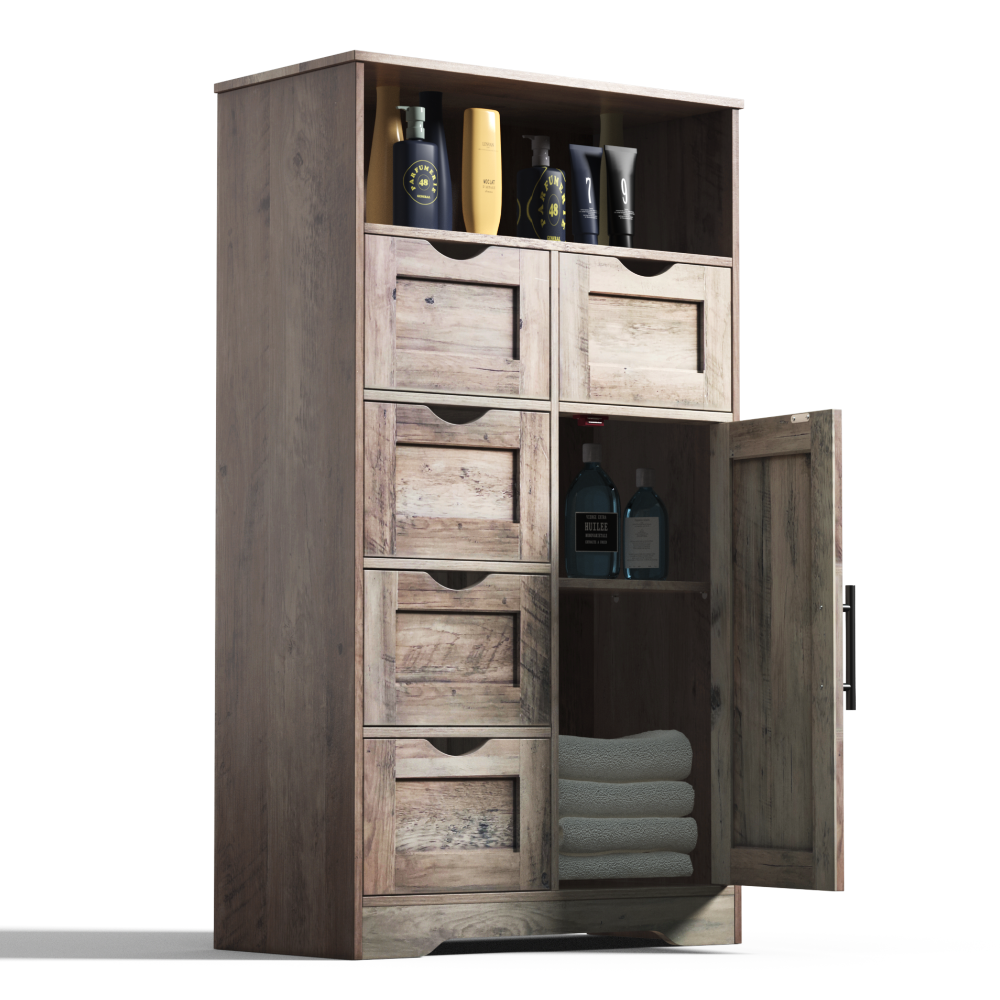 5 Drawers Storage Cabinet with Adjustable Shelves, Bathroom Cabinet with Doors, Floor Cabinet for Living Room Grey eprolo