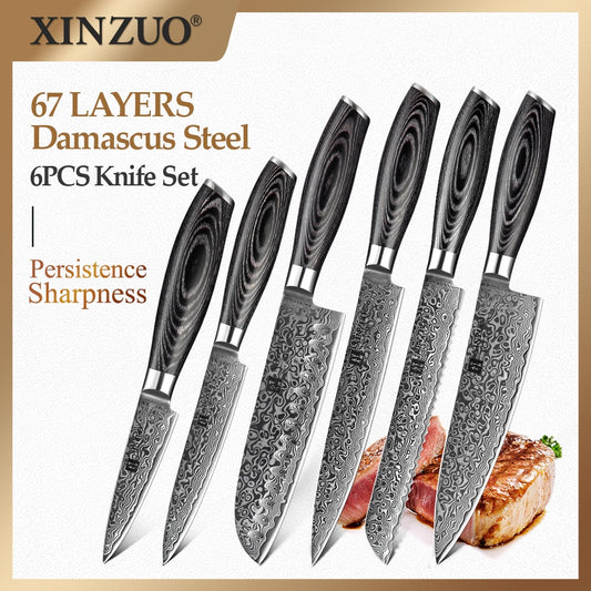 XINZUO 6 PCS Kitchen Knives Set VG10 Damascus Steel High Carbon Japanese Chef Santoku Utility Knife Cooking Set Pakkawood Handle eprolo