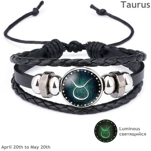 12 Constellation Luminous Bracelet Men Leather Bracelet Charm Bracelets for Men Boys Women Girl Jewelry Accessories Gifts - Shello's Creative Boutique