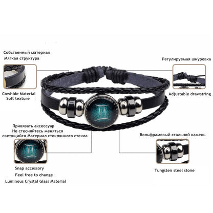 12 Constellation Luminous Bracelet Men Leather Bracelet Charm Bracelets for Men Boys Women Girl Jewelry Accessories Gifts - Shello's Creative Boutique
