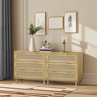 Premium 3-Drawer Rattan Storage Cabinet Set - Oak Finish (Set of 2) - Shello's Creative Boutique