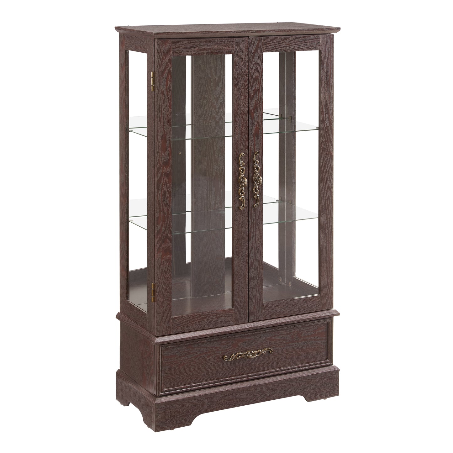 Light colored glass cabinet with adjustable glass frame Curio display cabinet, 2 doors and 1 drawer light bulb cherry color eprolo