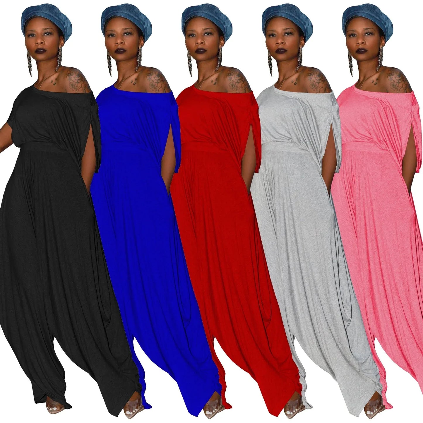 Casual solid color cotton diagonal shoulder Harlan pants set, two-piece set - Shello's Creative Boutique
