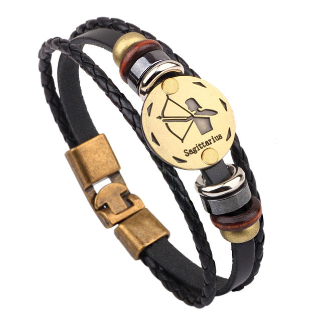 12 Horoscope Leather Bracelet Men Jewelry Vintage Retro Charm Bracelet Male Jewelry 8.2 eprolo