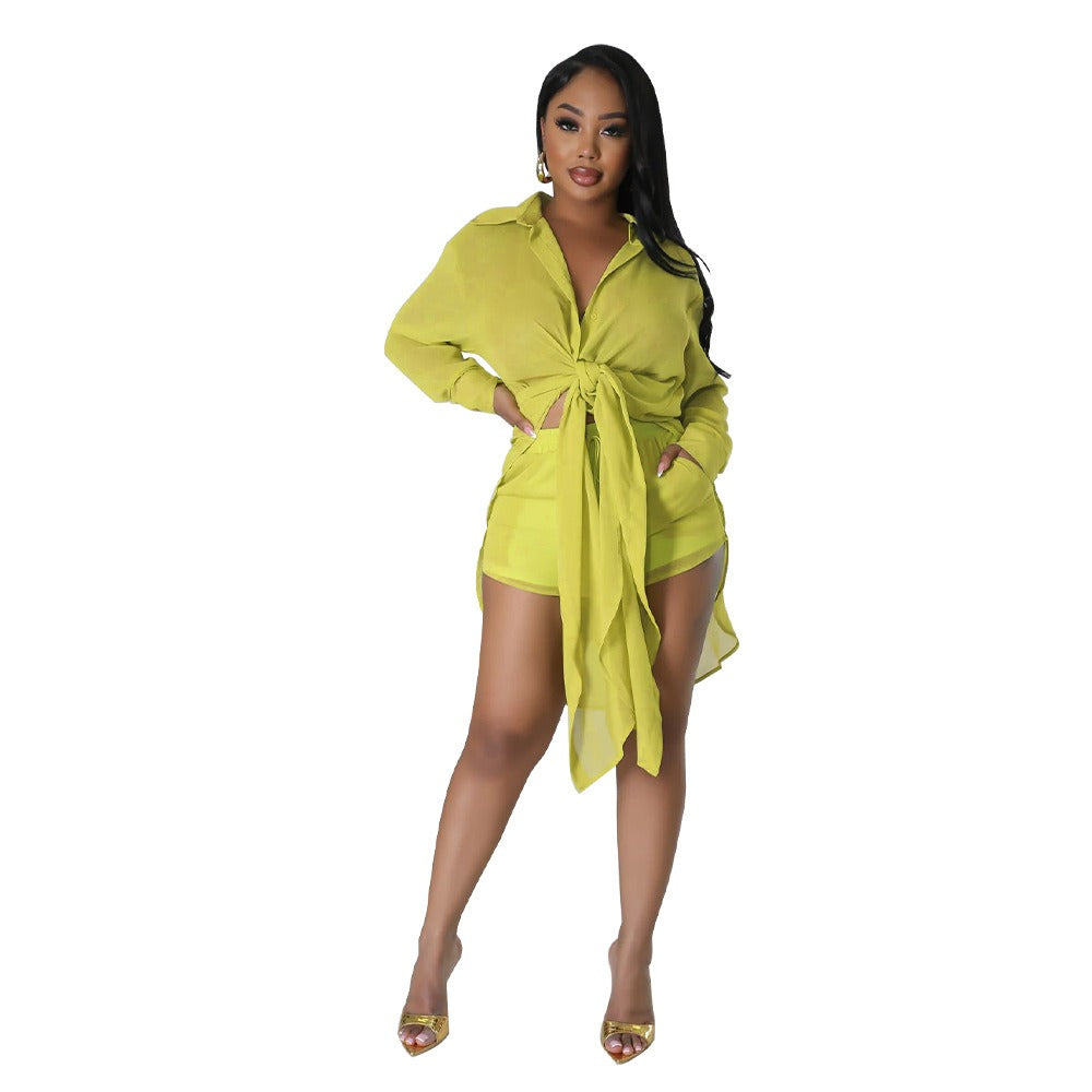 Sexy Perspective Solid Color Chiffon Long Shirt Shorts Beach Two Piece Set New eprolo