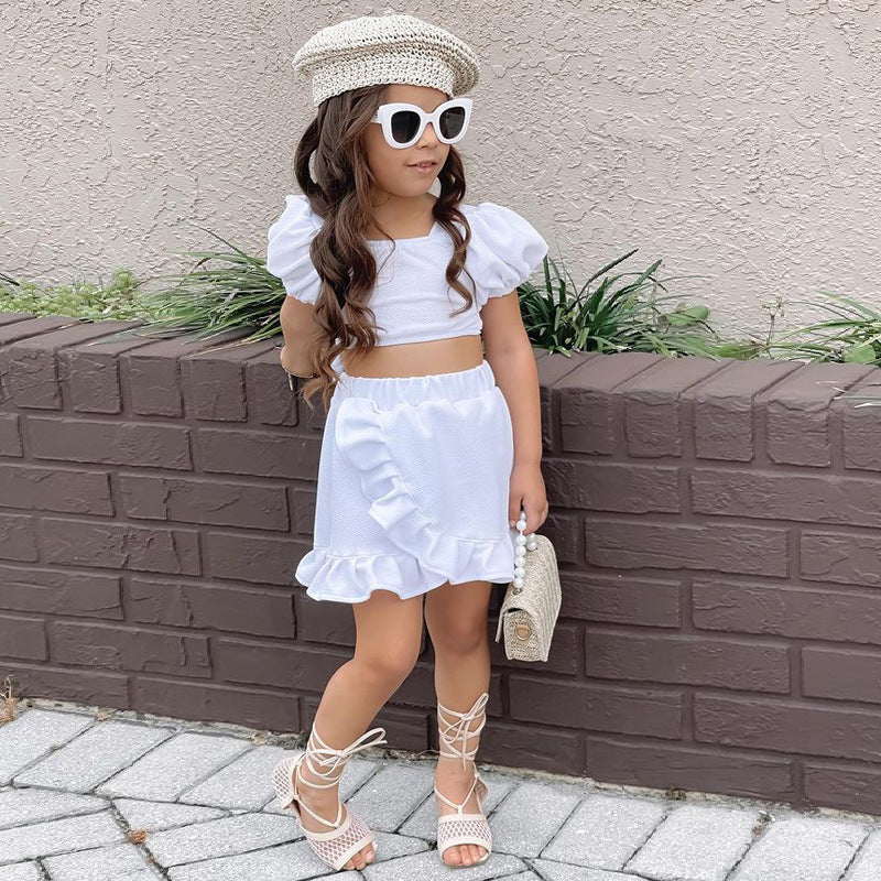 Children's Wear Girls' Suit Ins Style Children's Wear Girls' Lantern Sleeve Short Skirt Two-Piece Set eprolo