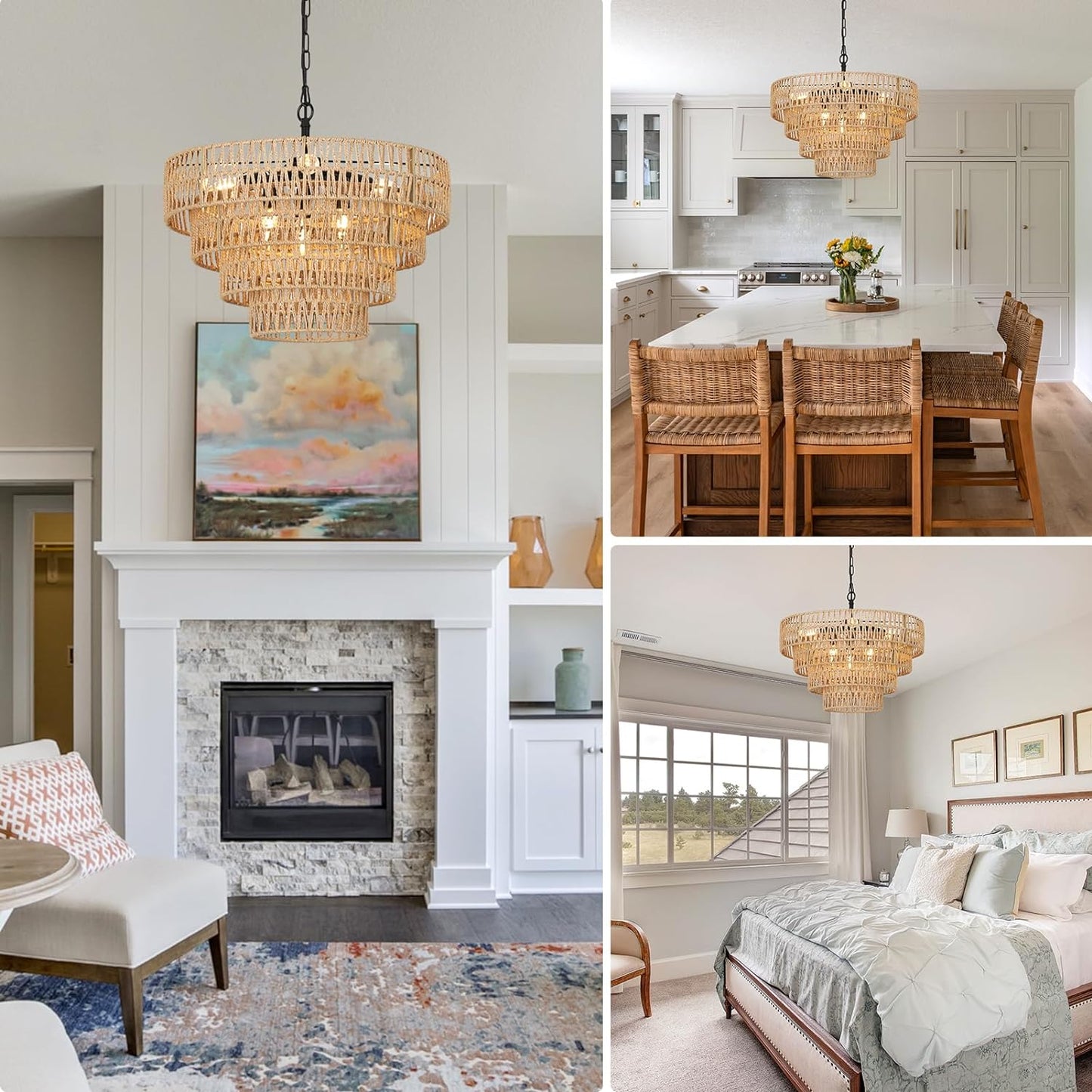 6-Light Dining Room Light Fixture, Wicker Pendant Lighting with 4-Tier Woven Lampshade, Large Farmhouse Chandeliers (20") eprolo