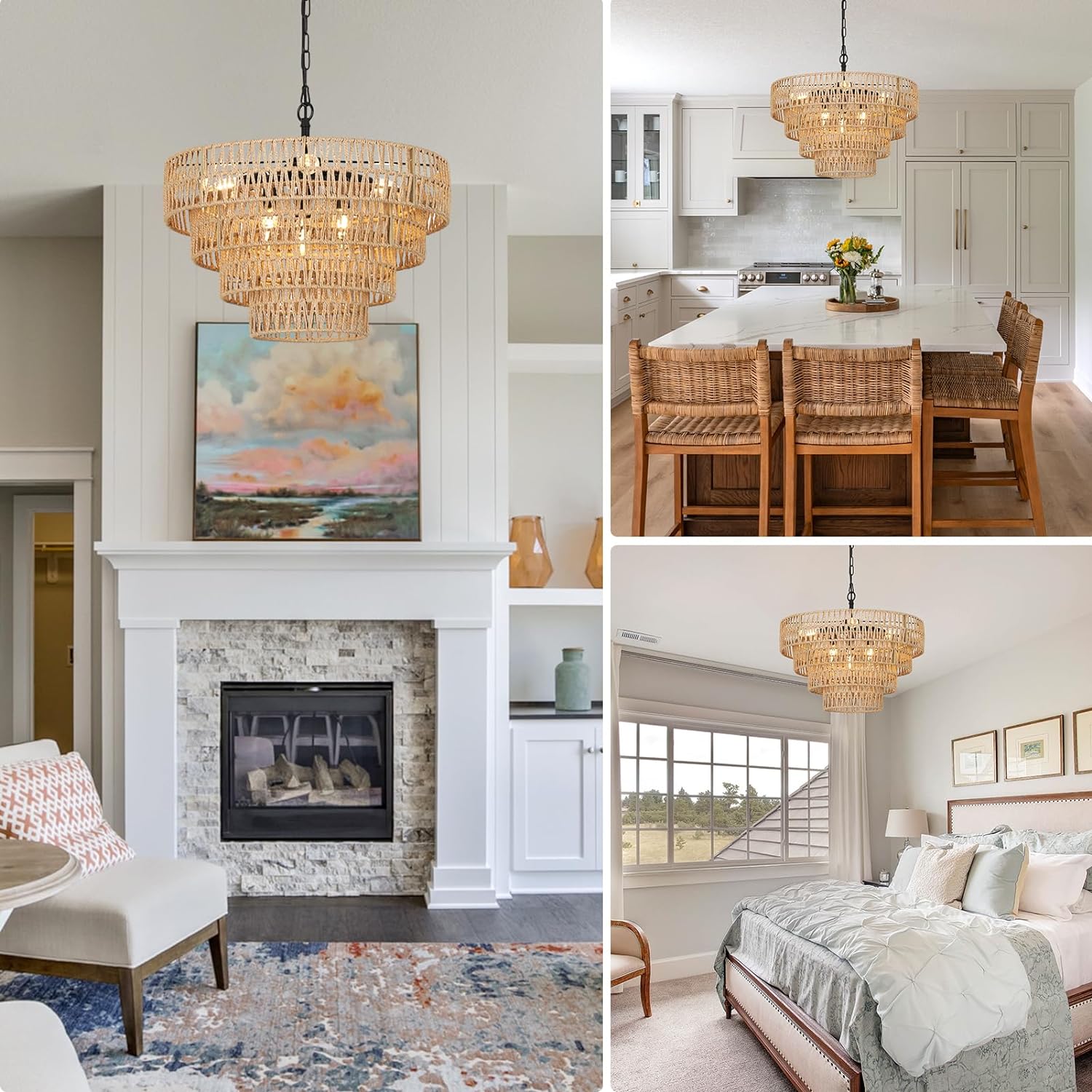 6-Light Dining Room Light Fixture, Wicker Pendant Lighting with 4-Tier Woven Lampshade, Large Farmhouse Chandeliers (20") eprolo