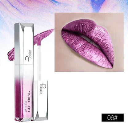 Pudaier Metallic Glitter Shine Full Colour Lipstick Makeup Long-lasting Liquid Tint Lip Gloss - Shello's Creative Boutique