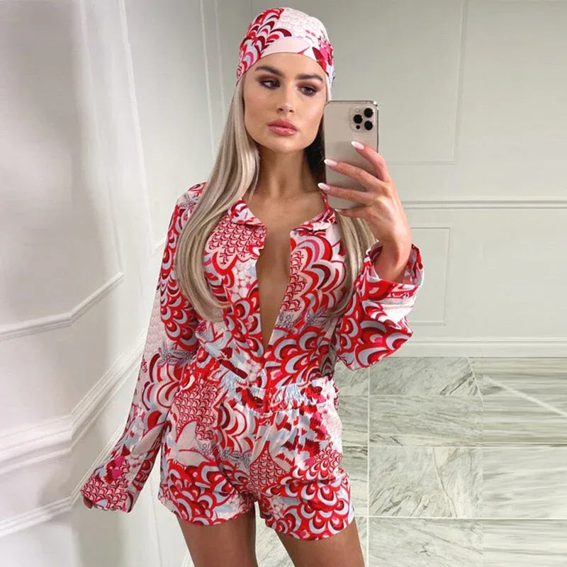 Red Print 3-Piece Set - Long Sleeve Blouse & Mini Shorts Y2K - Shello's Creative Boutique