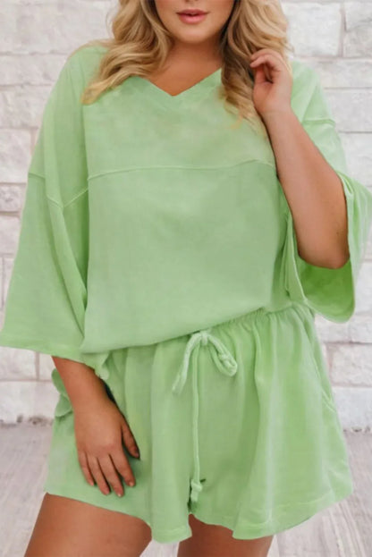 Meadow Mist Green Plus Size Drop Shoulder Tee Loose Shorts Set - Relaxed Comfort Meets Effortless Style! - Shello's Creative Boutique