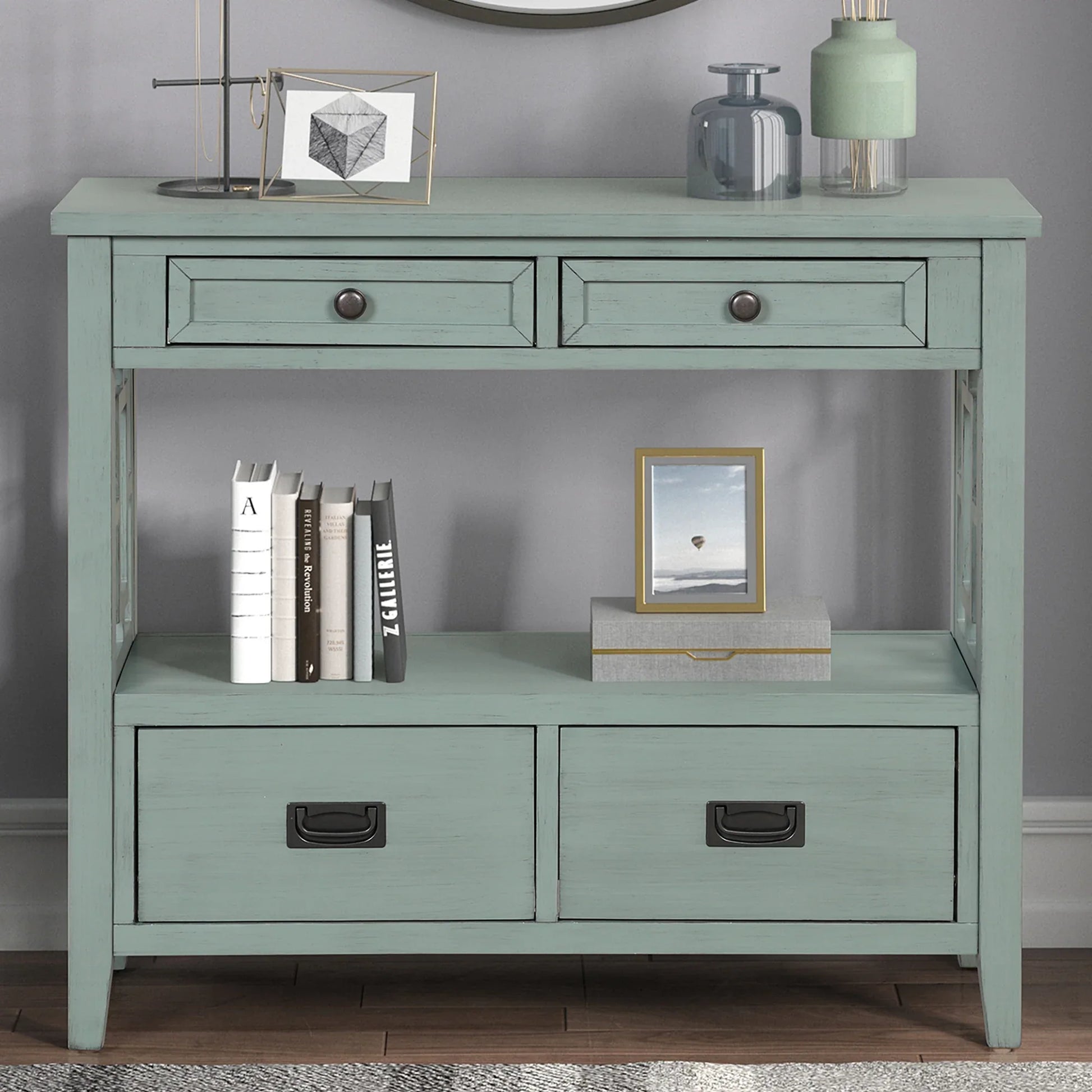 36'' Farmhouse Pine Wood Console Table Entry Sofa Table with 4 Drawers & 1 Storage Shelf (Retro Blue) - Shello's Creative Boutique