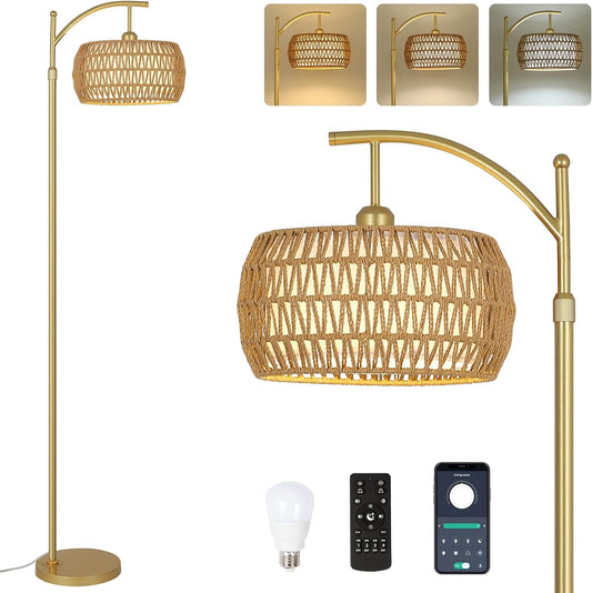 Arc Floor Lamp with 3 Color Temperatures, LED Gold Floor Lamp with Remote & Stepless Dimmable Bulb, Boho Standing Lamp eprolo