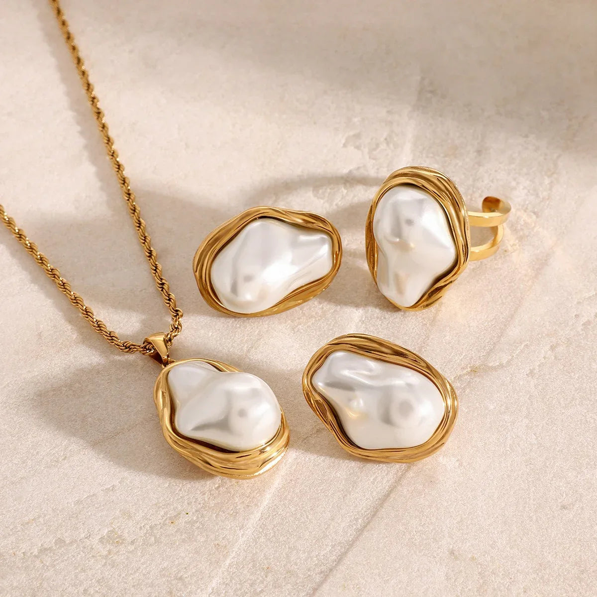 18K gold geometric inlaid irregular pearl design high-end earrings necklace ring set - Shello's Creative Boutique