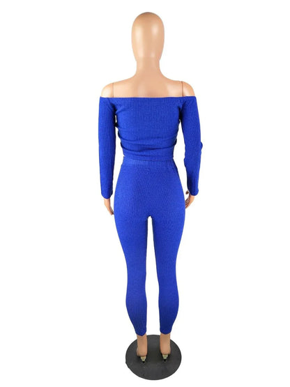 Two Piece Set Autumn Outfits Tracksuit Women Blue Ribbed Striped Slash Neck Short Tops Pencil Pants - Shello's Creative Boutique