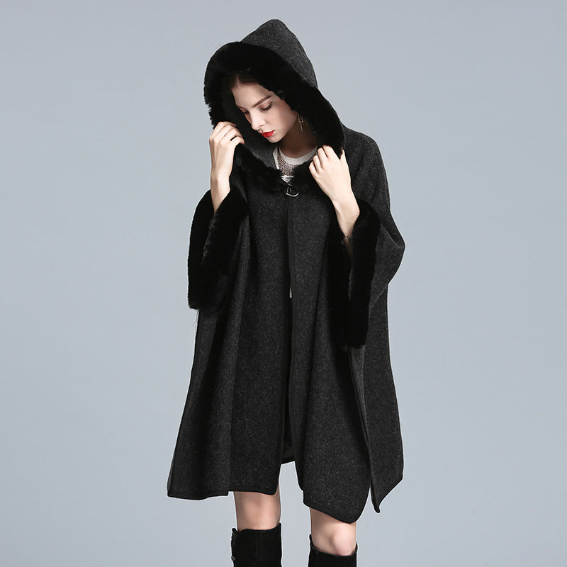 Imitation otter rabbit fur collar hooded shawl cape plus size woolen coat loose cardigan for women eprolo