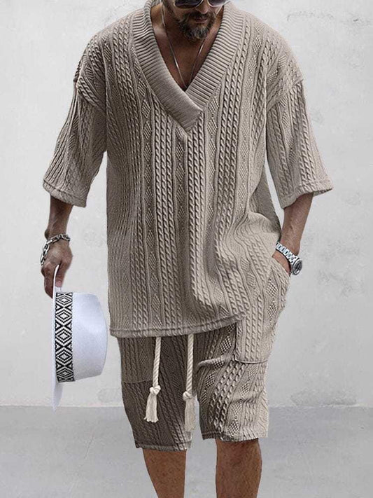 Summer Casual Shorts Set Knitted Two Piece Men's Clothing V-Neck Short Sleeve T-shirt and Shorts Streetwear Knit Outfits - Shello's Creative Boutique